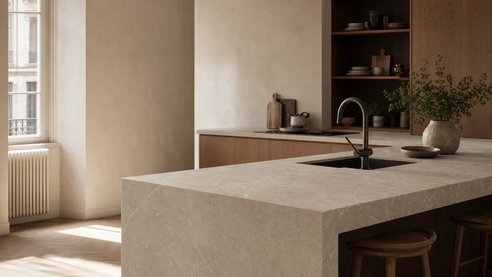Cuisine contemporaine avec îlot en quartz ou céramique